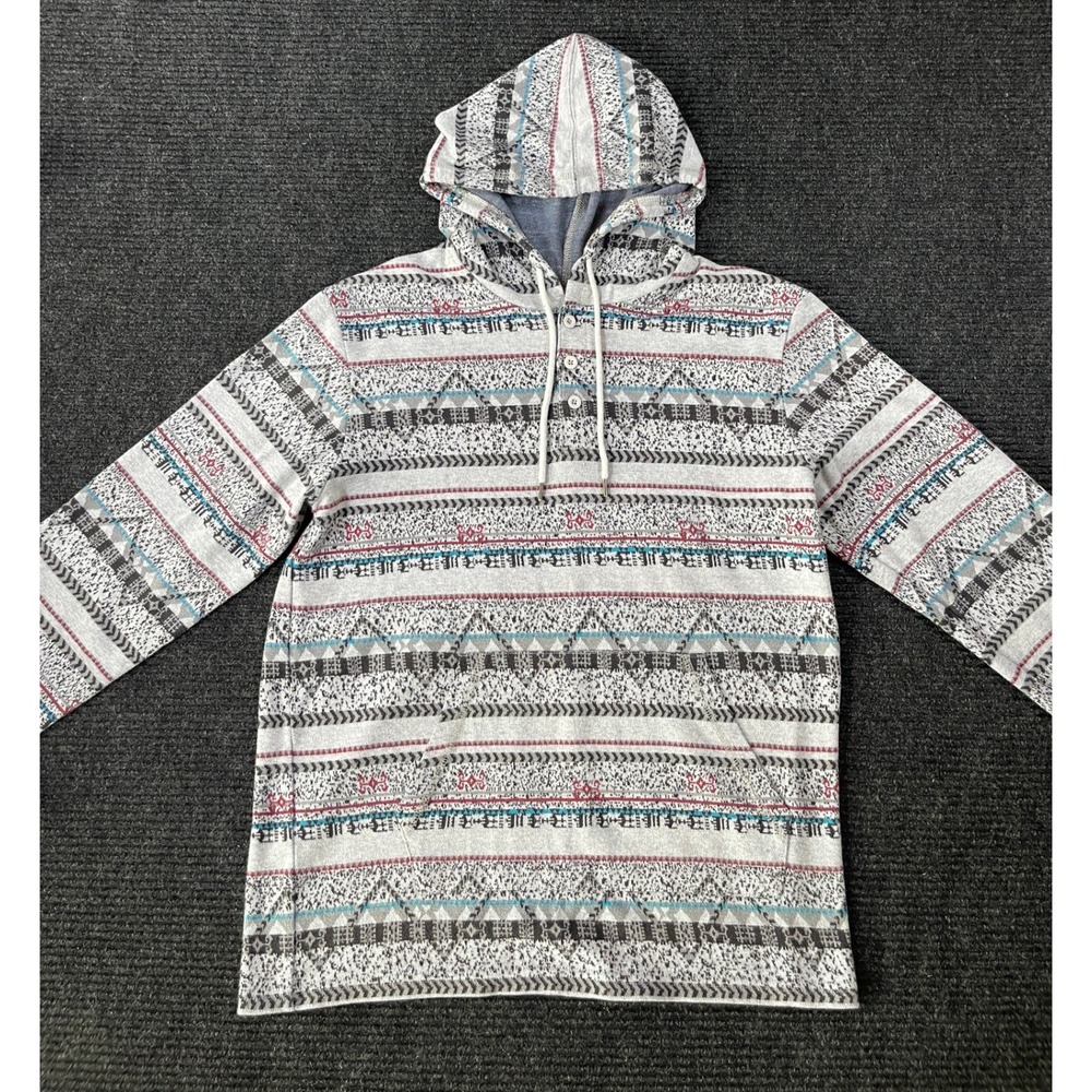 Southwestern Geometric Fair Isle Henley Hoodie Grey Blue Red Tribal Knit XL